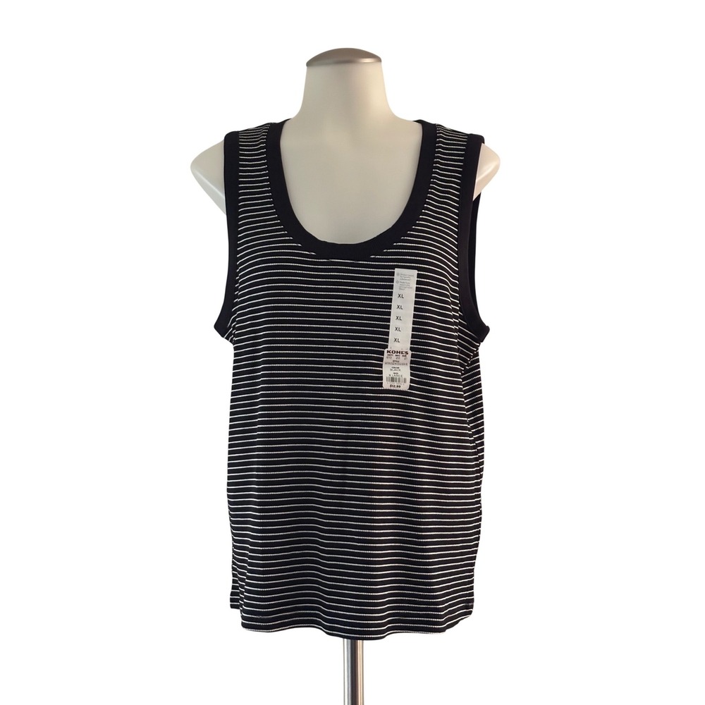 Nine West Tank Top Women XL Black New Striped Soft Spun Scoop‎ Neck Ribbed Tank